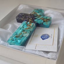 Load image into Gallery viewer, Lapis Lazuli & Aquamarine Resin Cross with Gold Accent – A Perfect Gift for Christmas