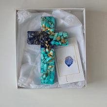 Load image into Gallery viewer, Lapis Lazuli &amp; Aquamarine Resin Cross with Gold Accent – A Perfect Gift for Christmas
