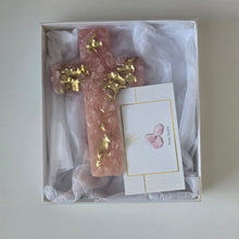 Load image into Gallery viewer, Rose Quartz Resin Cross with Gold Accent – A Luxurious Christmas Gift
