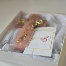 Load image into Gallery viewer, Rose Quartz Resin Cross with Gold Accent – A Luxurious Christmas Gift
